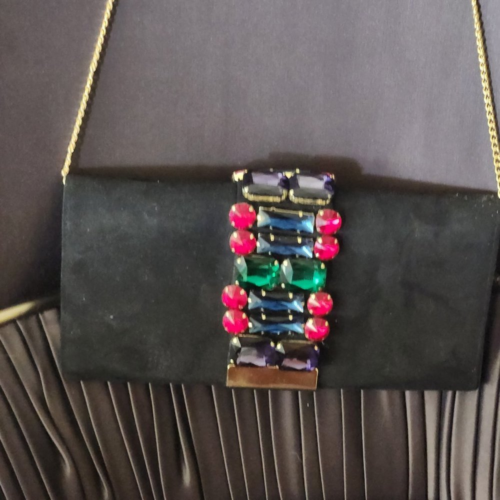 Black suede clutch evening bag with gold shoulder chain